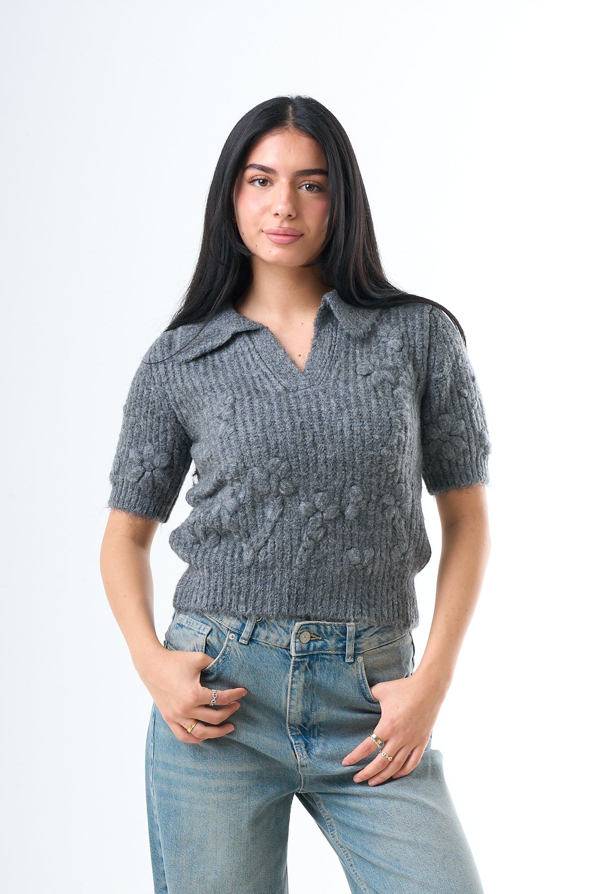 Blossom Knit Polo - Grey-1