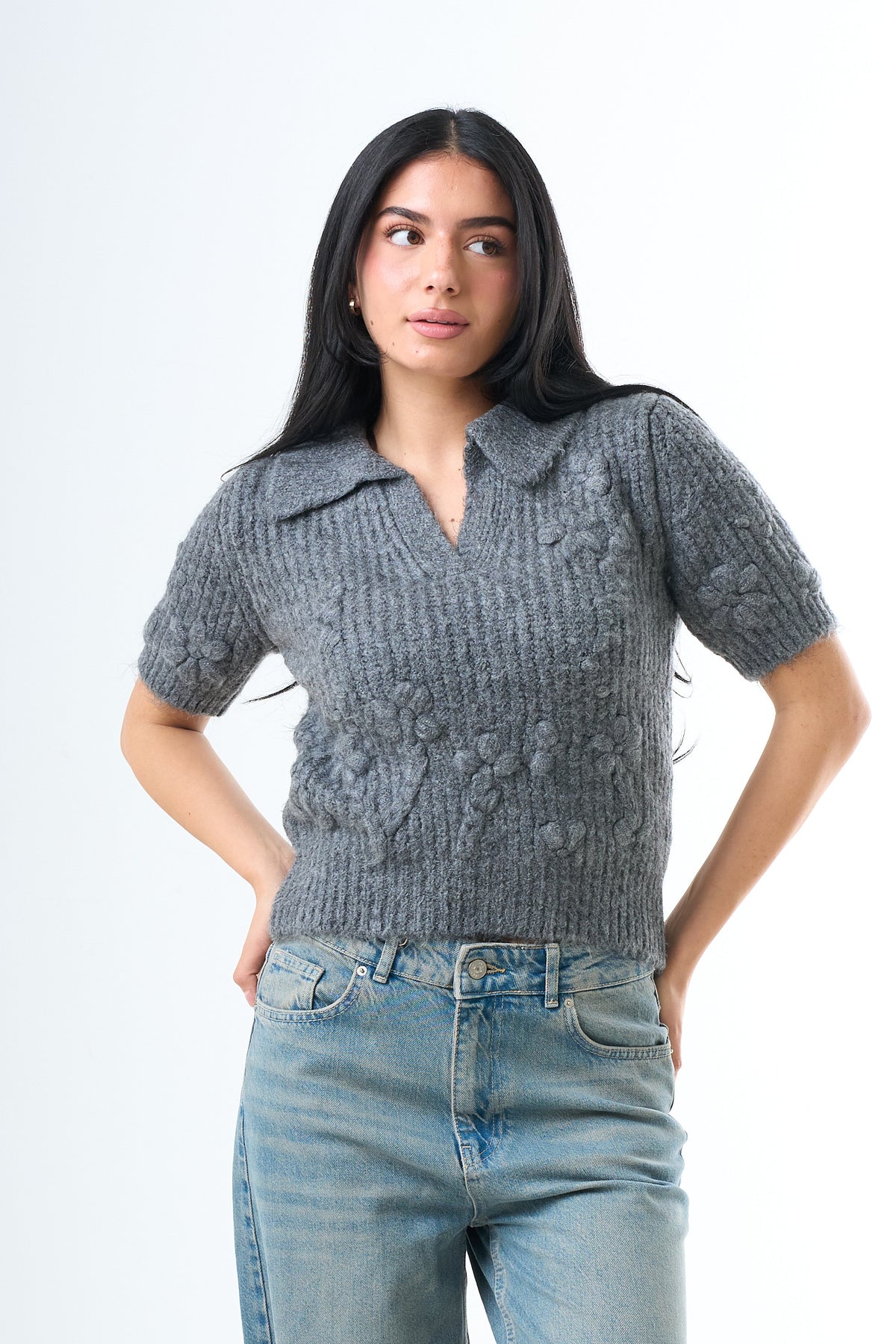 Blossom Knit Polo - Grey-2