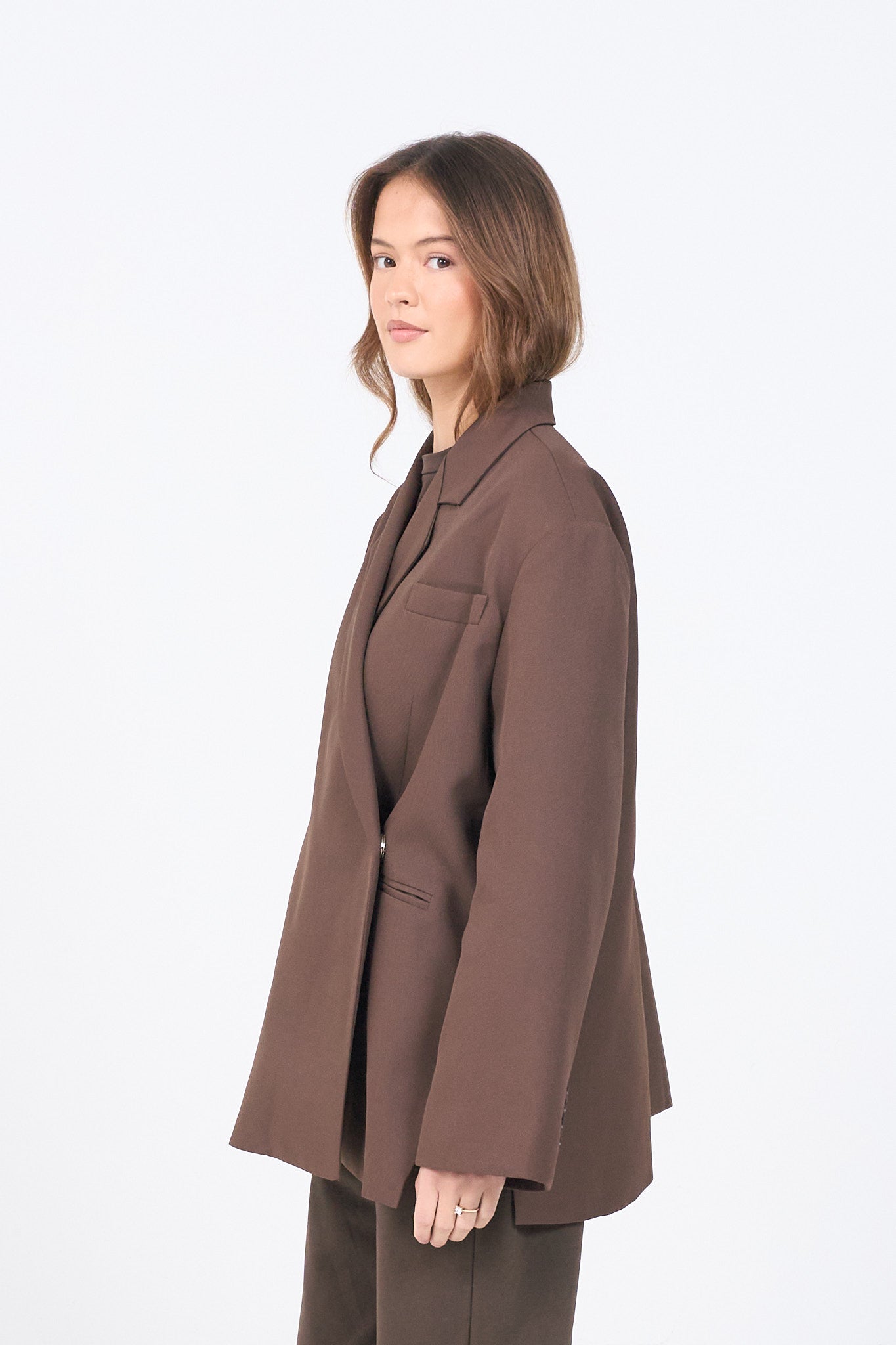 Boxy Oversized Blazer - Brown-6