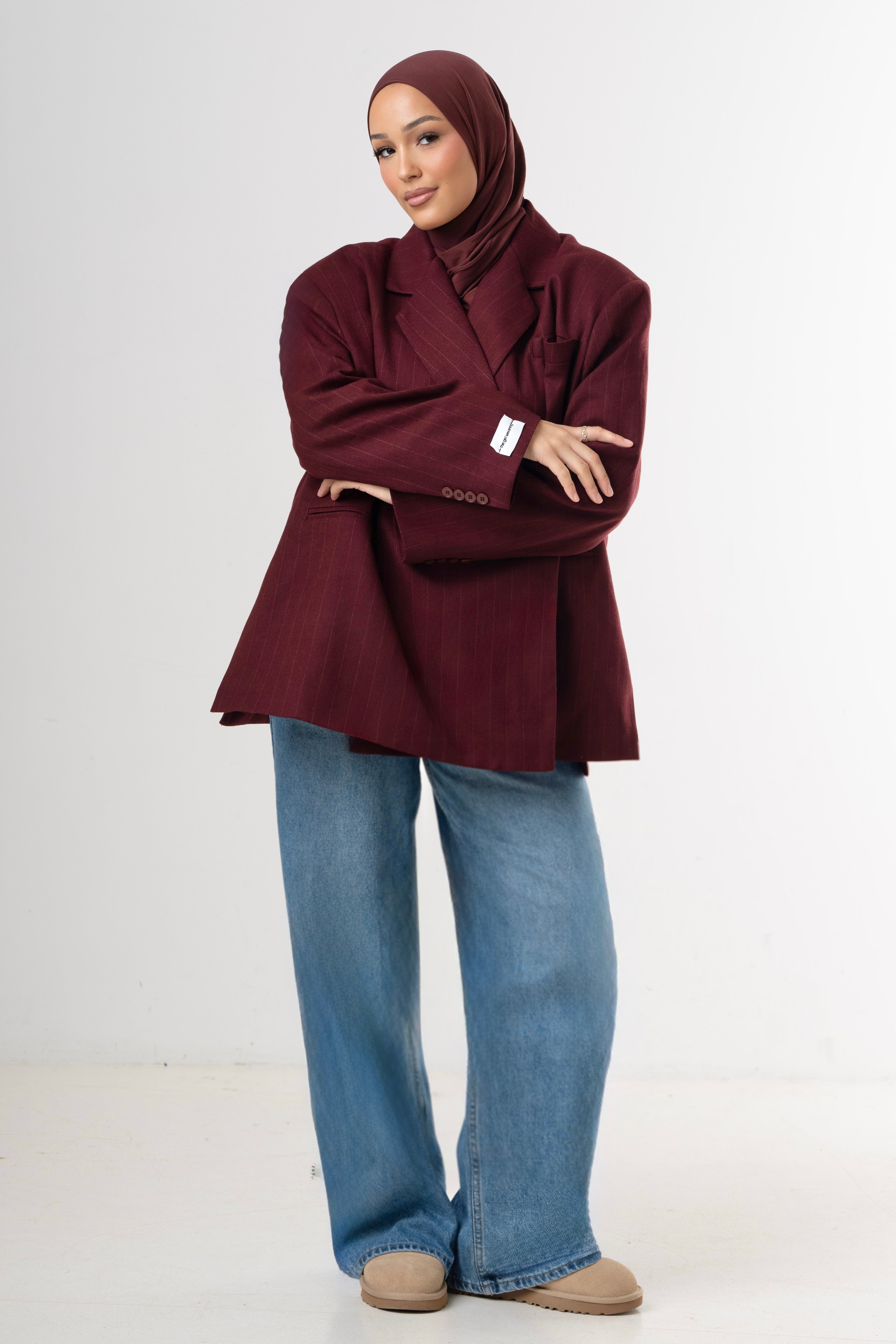 Dad Oversized Gestreifter Blazer - Bordeaux-3