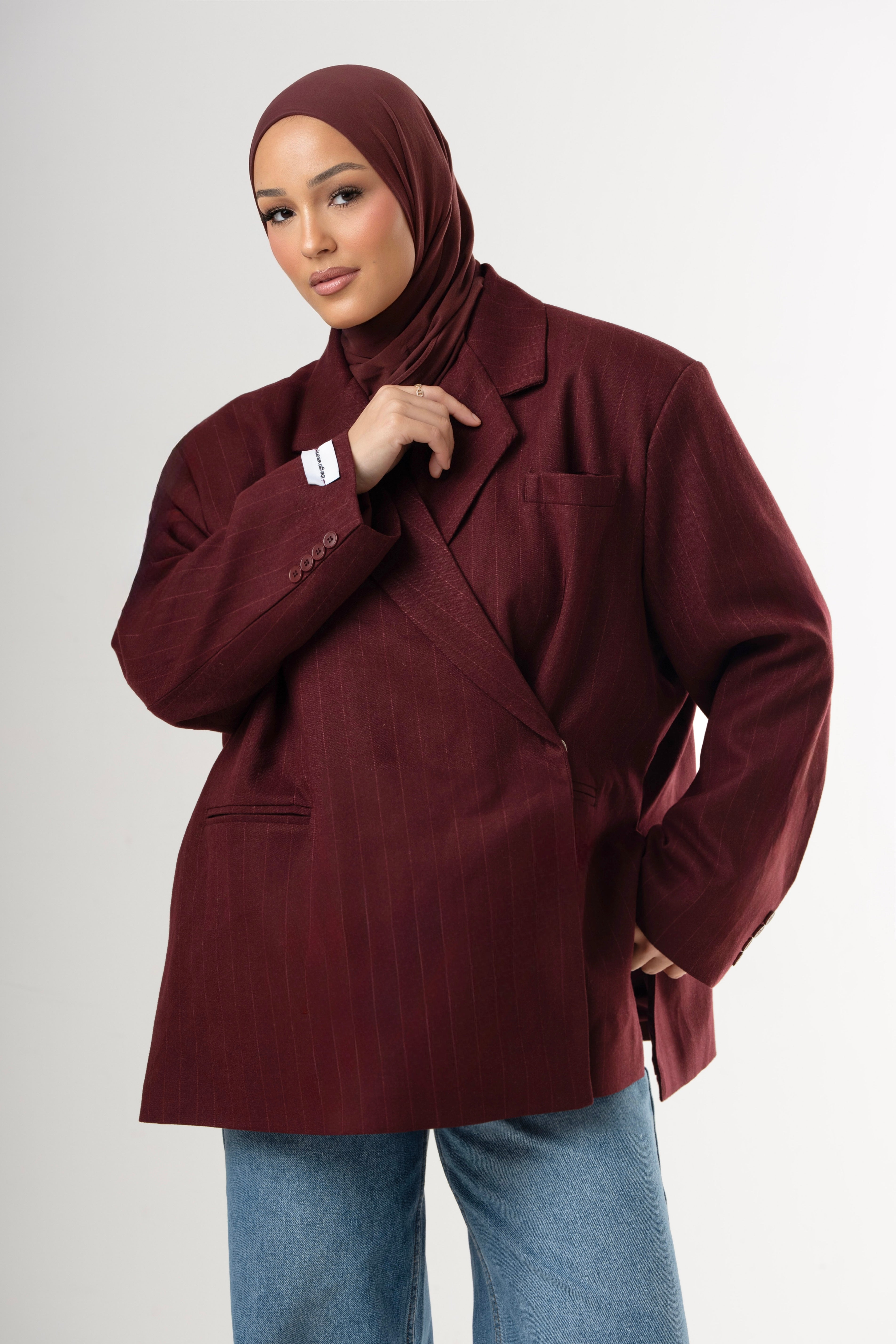 Dad Oversized Gestreifter Blazer - Bordeaux