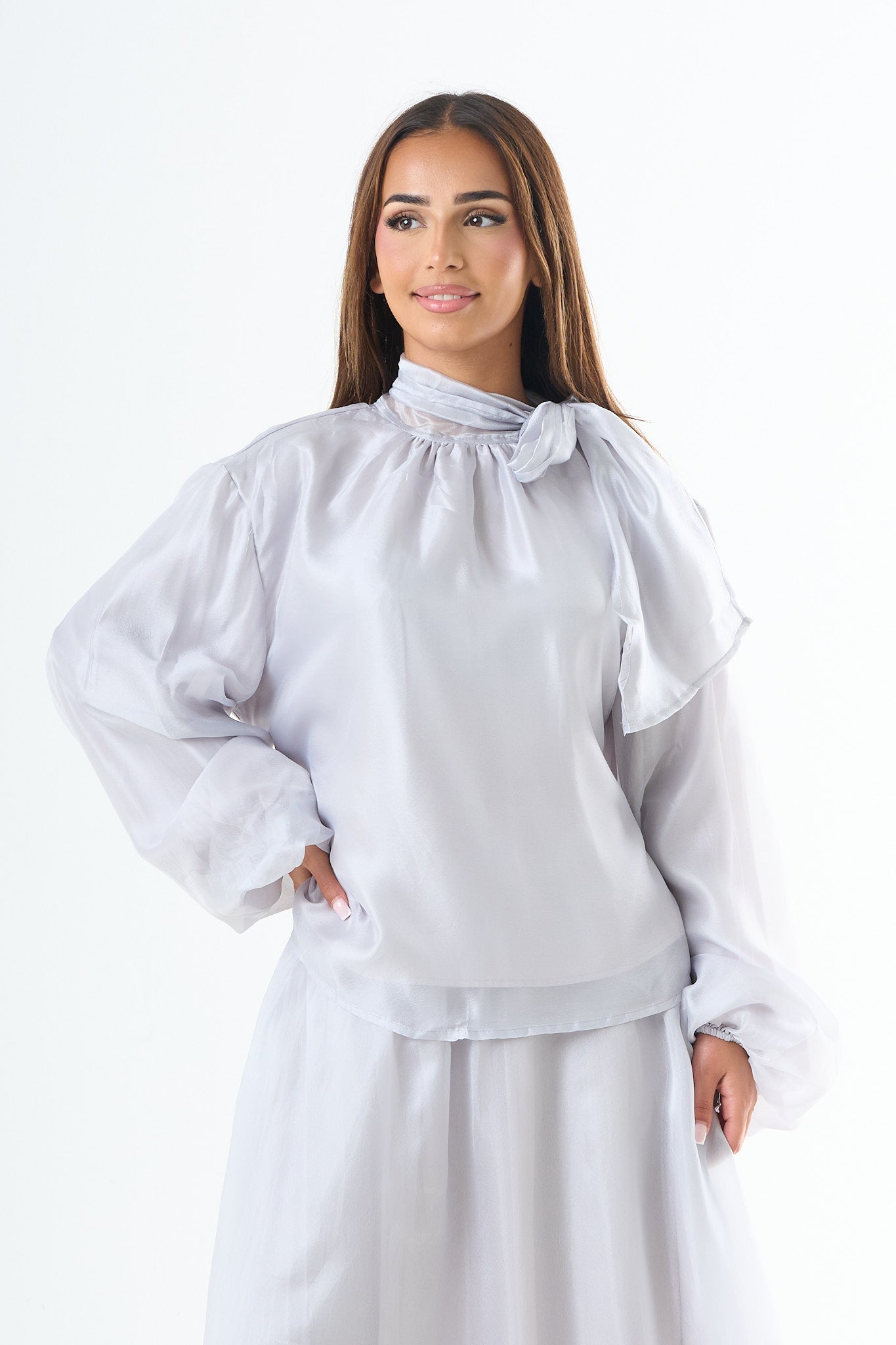 Glänzende Bluse mit Bindeband - Blau-6