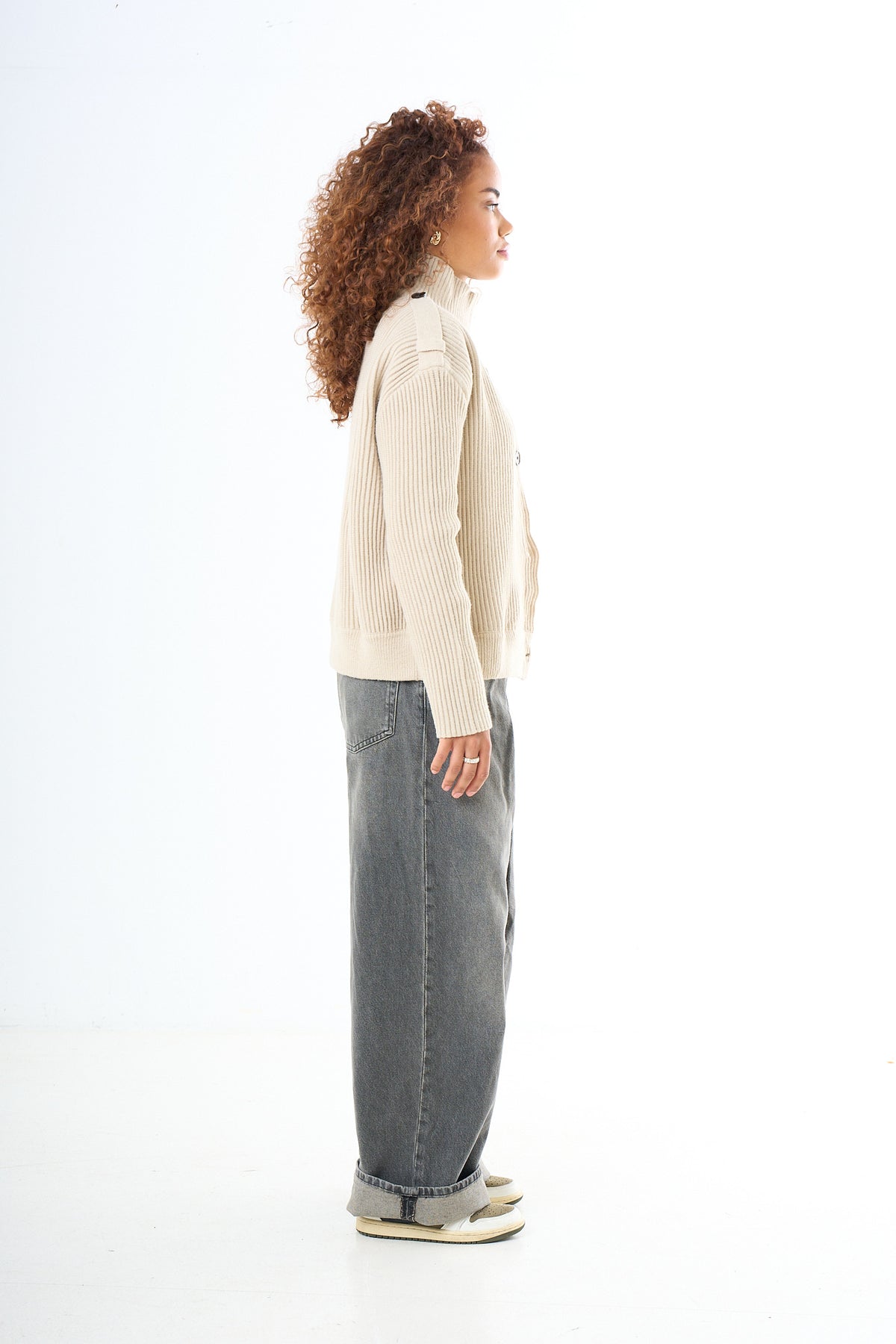 High Neck Button Cardigan - Beige-4
