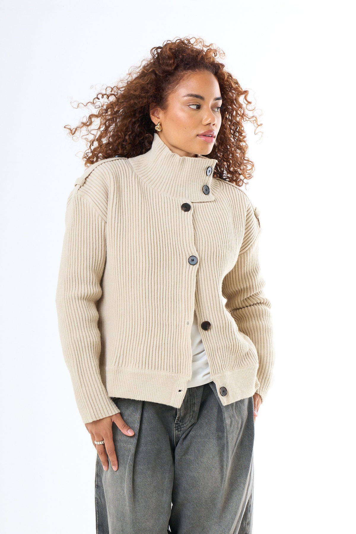 High Neck Button Cardigan - Beige-1