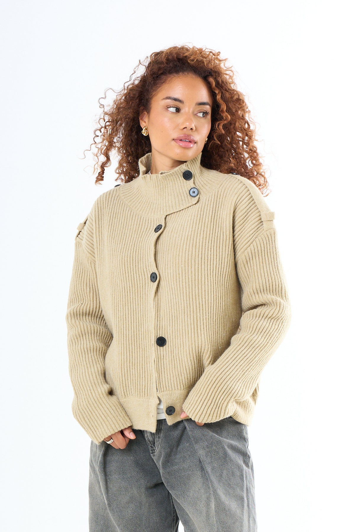 High Neck Button Cardigan - Taupe-1