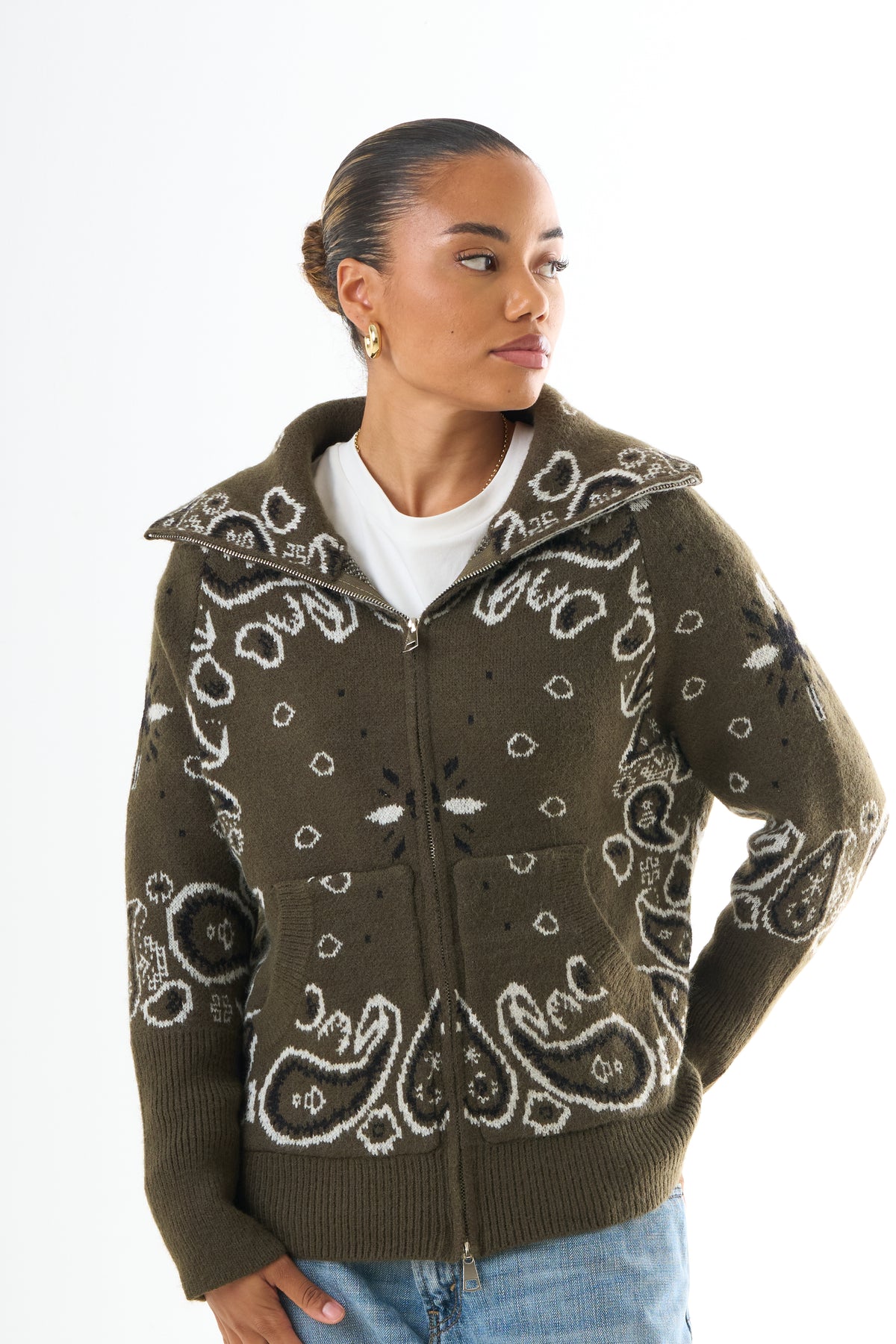 Zipped Bandana Cardigan - Green-1