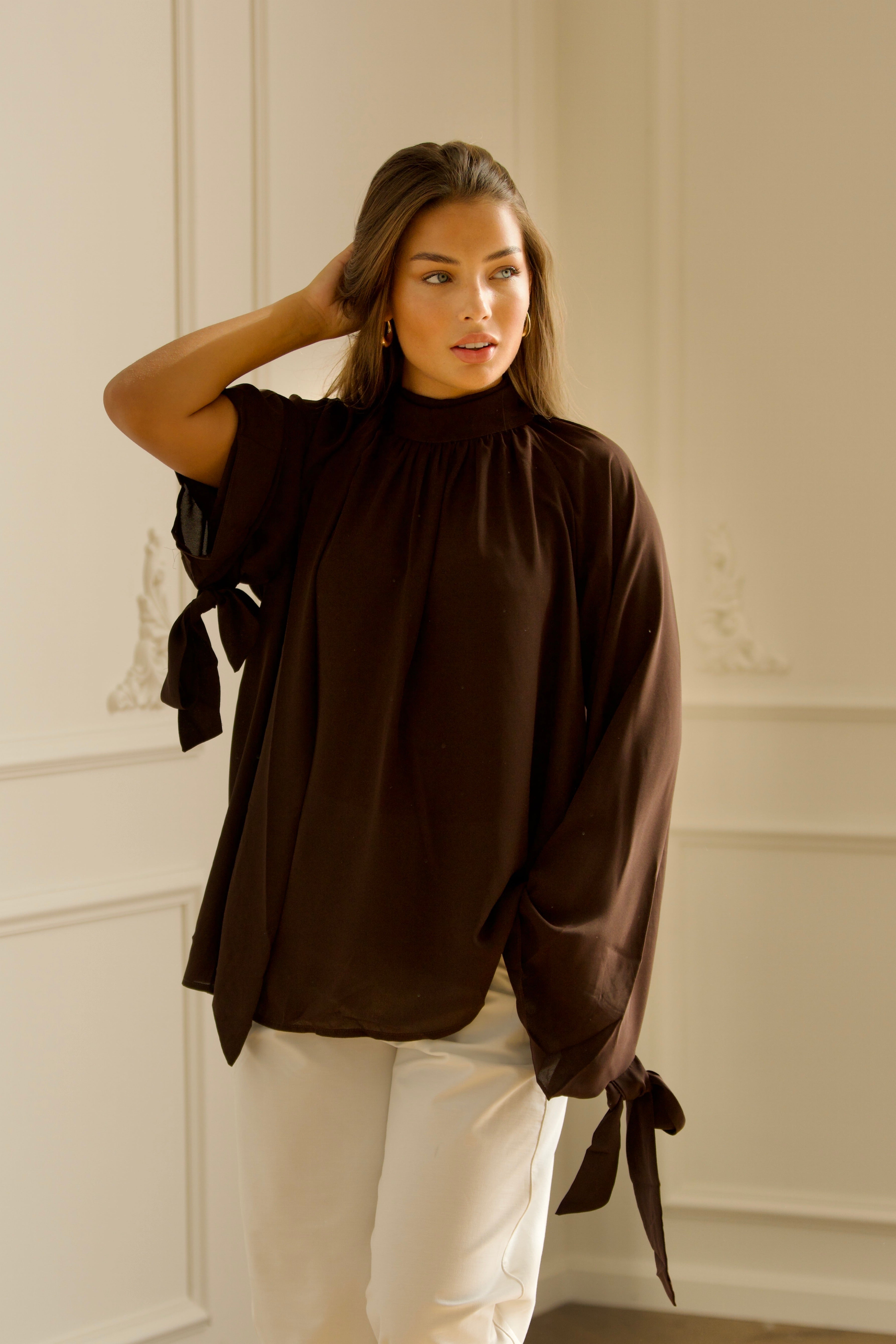 Oversized Tie Blouse - Brown-3