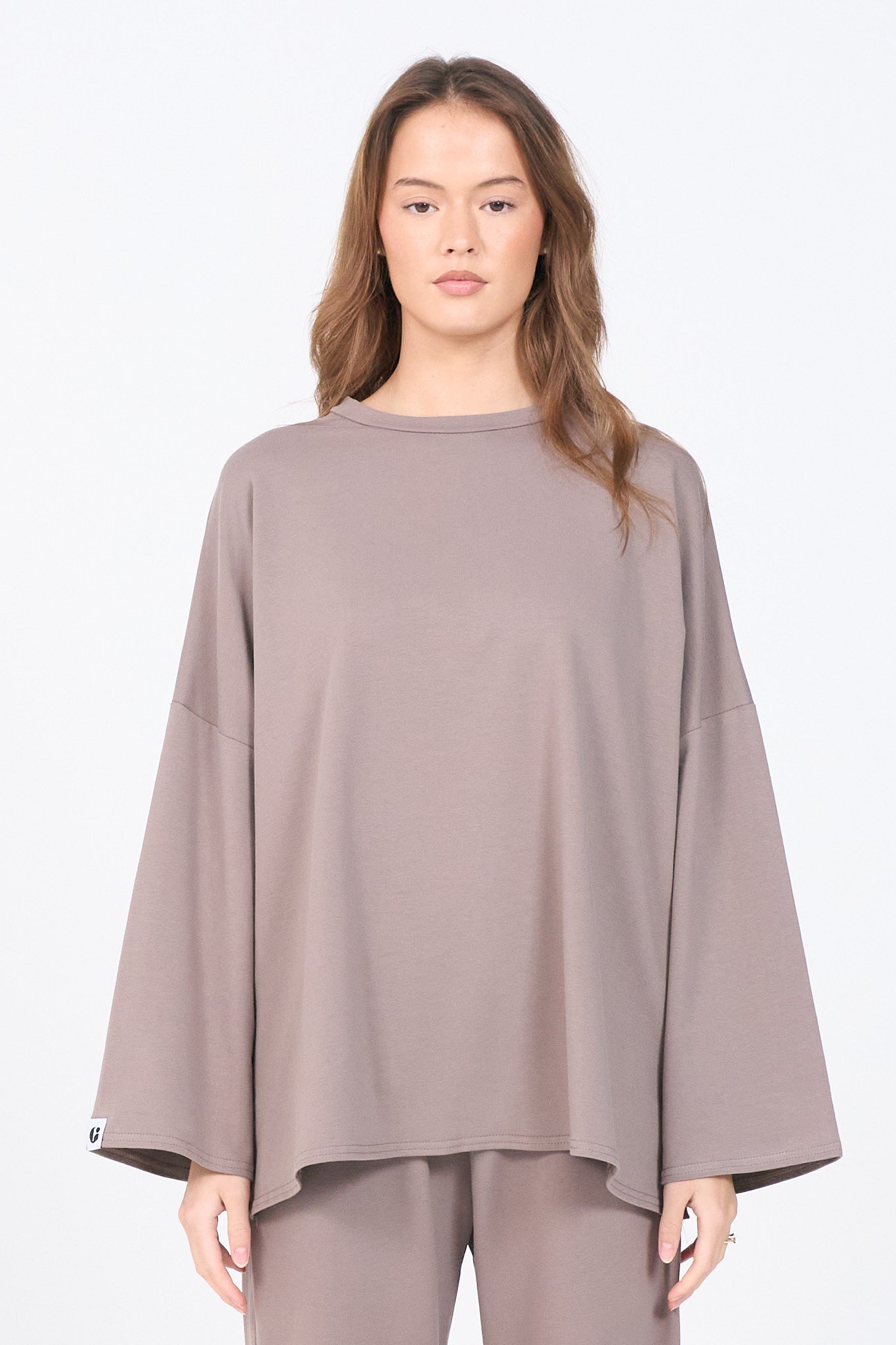 Oversized Long-sleeved T-shirt - Taupe-3