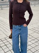 Sculpted Shoulder Knit Cardigan - Brown