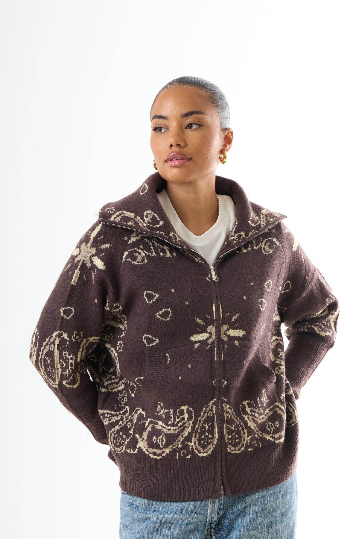 Zipped Bandana Cardigan - Brown-4